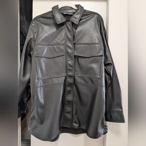 Zara Black Faux Leather Shirt Jacket